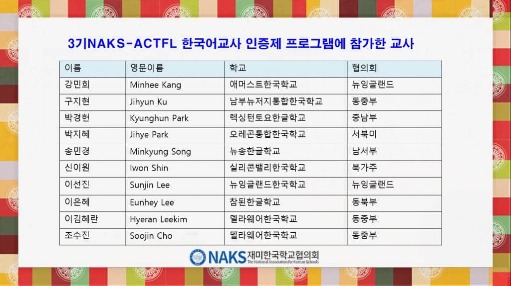 한국어 교사 인증제 프로그램 수료한 학생 명단