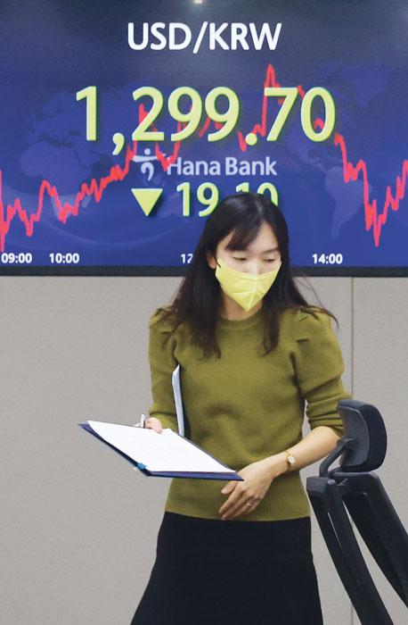  한국시간 1일 서울 하나은행 딜링룸에 이날 원·달러 환율 종가가 1,299.70원으로 표시돼 있다. [연합]