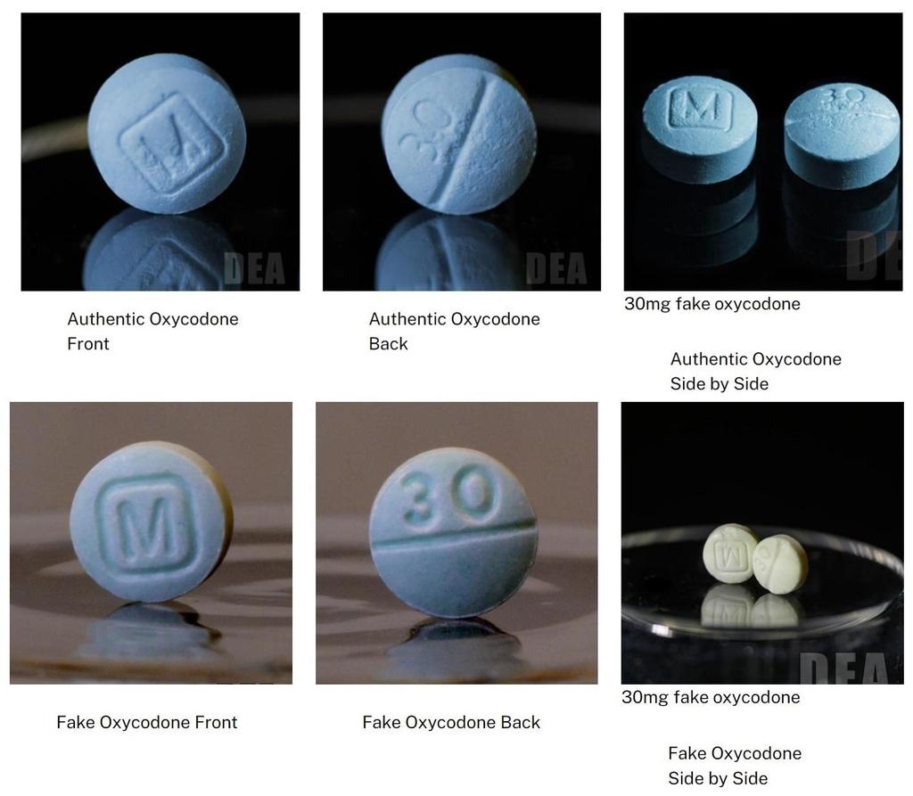 마약단속국이 경고한 펜타닐 함유 '가짜 약'와 '진짜 약' 비교 사진[미 마약단속국(DEA) 홈페이지 캡처]