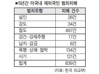 미국내 재외국민 피살 5년간 28명