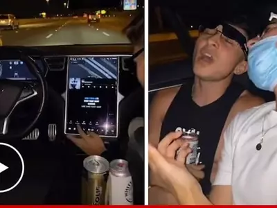 남성 4명 테슬라 타고 96km로 자율주행하며 술 파티