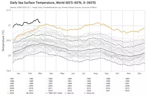 지난해 일일 해수면 온도 그래프[메인대 기후변화 센터 기후재분석기(Climate Reanalyzer) 제공. 재판매 및 DB 금지]