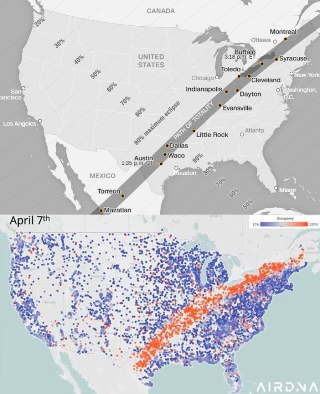 미 대륙에서 개기일식을 가장 잘 관측할 수 있는 경로(위)와 에어비앤비 숙박 예약률 분포도를 보여주는 그림 [이미지출처=CNN, 에어디앤에이 캡처]