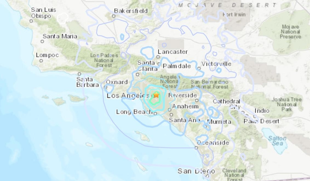 LA 카운티 내 4.4 지진[미 지질조사국(USGS) 지진 알림 사이트 캡처. 재판매 및 DB 금지]