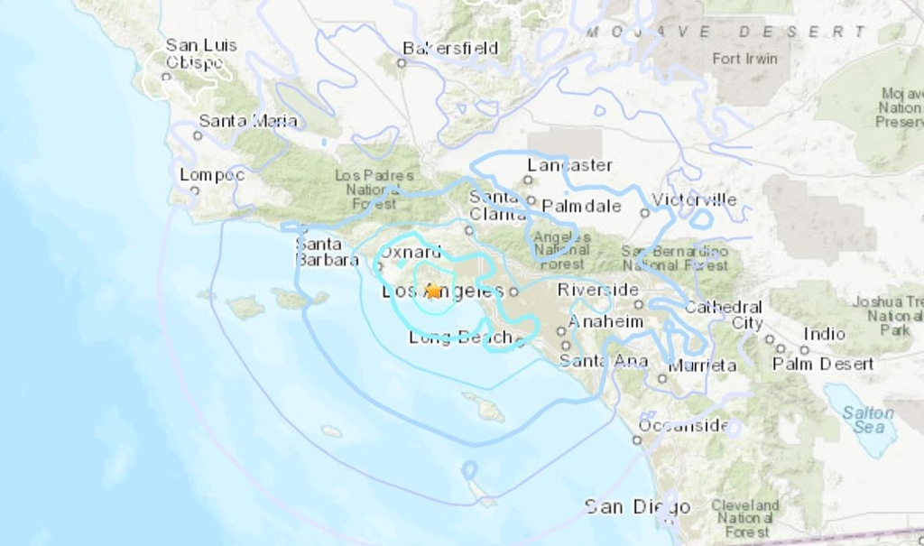 12일 로스앤젤레스에 발생한 지진[USGS 웹사이트 캡처. 재판매 및 DB 금지]