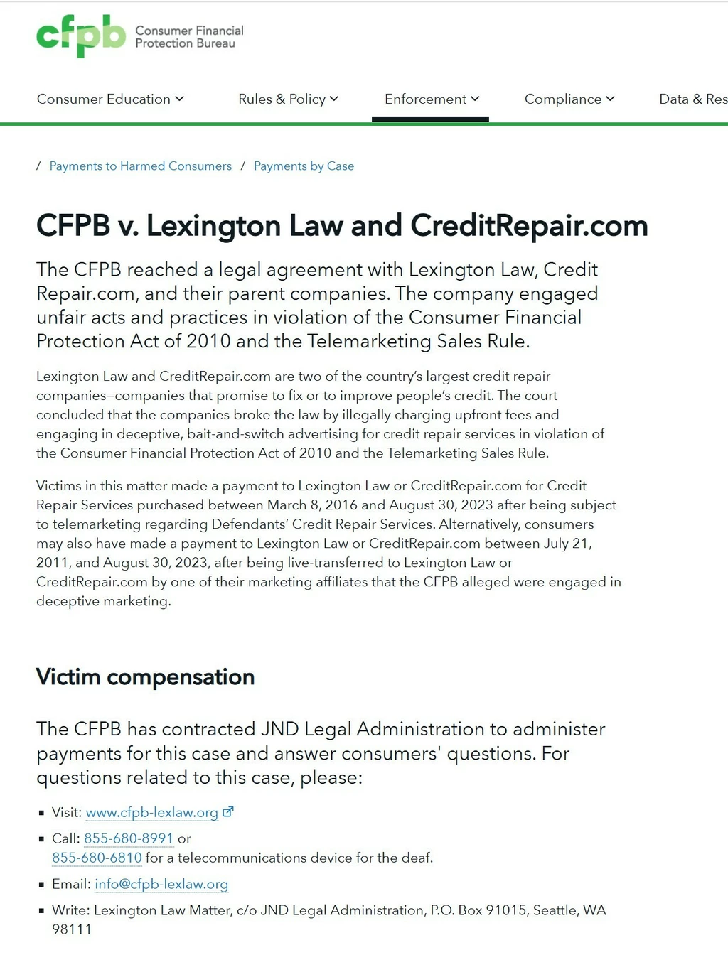 크레딧복구 부당 수수료 환불을 알리는 CFPB 웹사이트 화면 <사진=CFPB 웹사이트>