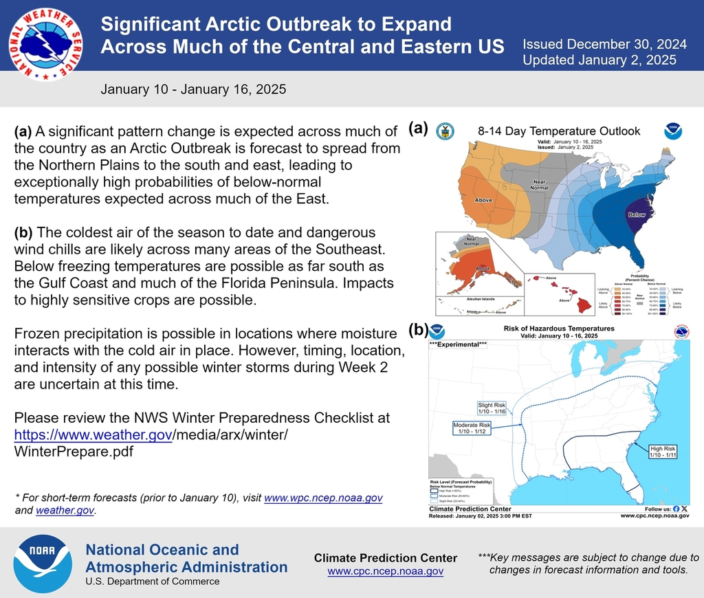미국 국립해양대기청(NOAA)이 발표한 2025년 1월 10∼16일 기간의 중기예보 통보문. 이 통보문은 2024년 12월 30일에 처음 발표됐고 2025년 1월 2일에 업데이트됐다. [미국 NOAA 홈페이지 캡처. DB 및 재판매 금지] 