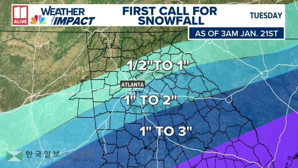 22일 새벽 기준 조지아 적설량 예상 기상도.<11얼라이브 뉴스>