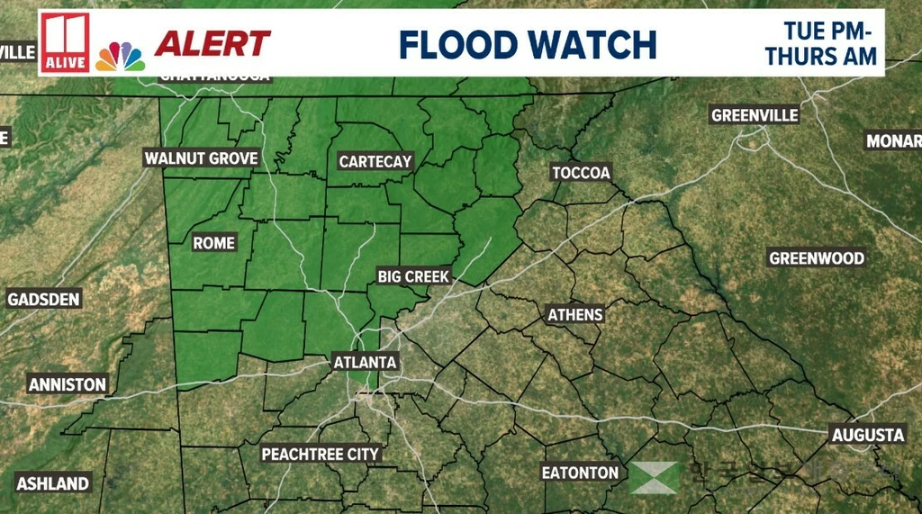 국립기상청은 애틀랜타를 포함 조지아 북서부 지역에 홍수주의보를 발령했다. 사진은 홍수주의보 발령지역.<사진=11얼라이브 뉴스>
