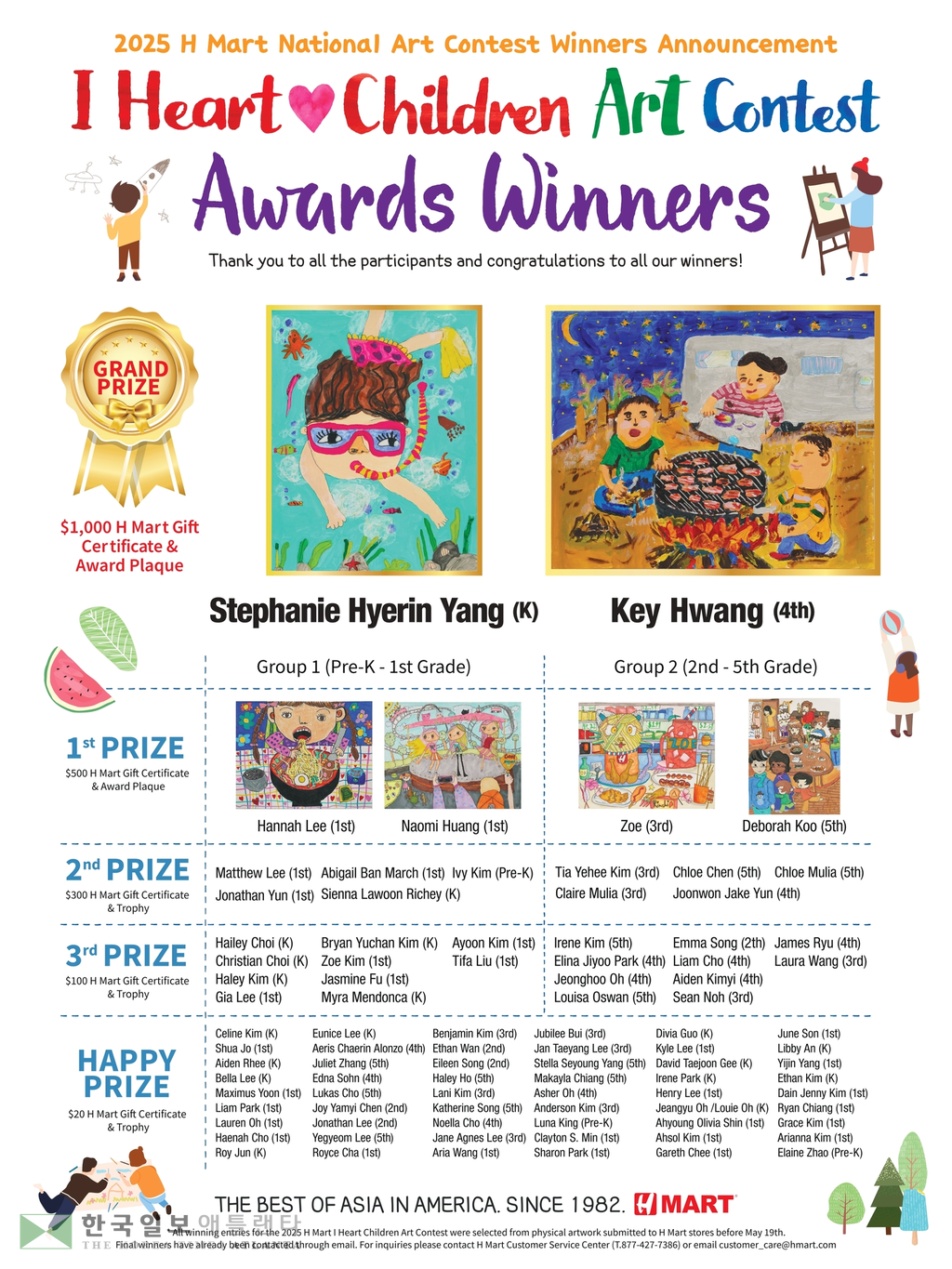 H마트 어린이 그림그리기 대회 입상자 명단.