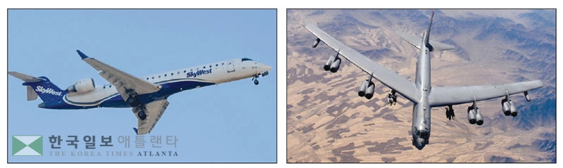 충돌할 뻔 한 스카이웨스트 기종(왼쪽)과 B-52 전략폭격기 기종. [로이터]