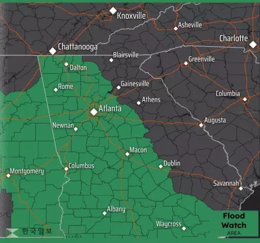 4일 오전 애틀랜타를 포함한 조지아 서부 지역을 중심으로 홍수주의보가 발령됐다.<사진=국립기상청 홈페이지>