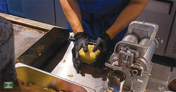 진우범 셰프가 '페스카데리아' 주방에서 닉스타말화된 옥수수 반죽으로 토르티야를 만들고 있다. 			        <장준우 제공>