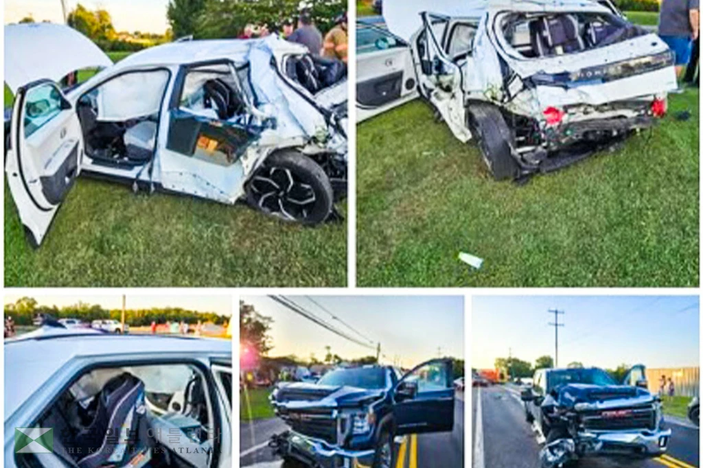 사고로 파손된 아이오닉5 모습. 뒷좌석의 쌍둥이 아이들은 멀쩡했다.<SNS 캡처>