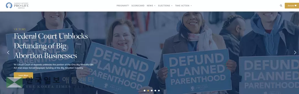 전국적 조직의 반낙태단체인 프로라이프 웹사이트 메인 화면. 이 단체는 23일 존 오소프 연방상원의원 재선을 막기  위해 450만달러를 투입하겠다고 발표했다.<사진=프로라이트 웹사이트 캡쳐>
