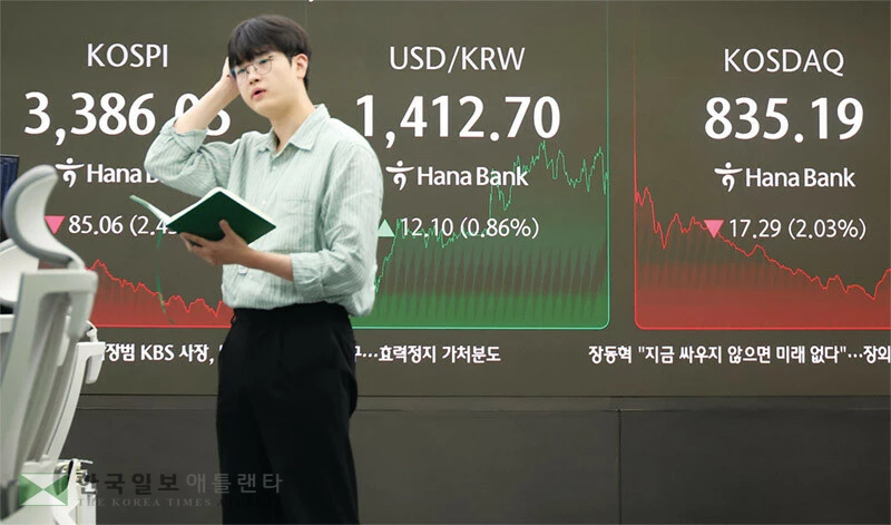  한미 무역협상 합의가 지연되면서 달러 대비 원화가 1,500, 1600원까지 오를 것으로 전망되고 있다. 지난 26일 하나은행 딜링룸 현황판에 코스피·코스닥·달러 환율이 표시돼 있다. [연합]