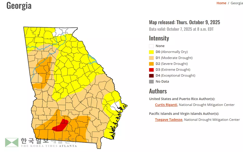9일 국립 가뭄 모니터 센터가 공개한 조지아 가뭄 현황도. 남서부 일부 지역은 극심한 가뭄(D3) 지역으로 분류됐다.<사진=국립 가뭄 모니터 센터 웹사이트 캡쳐>