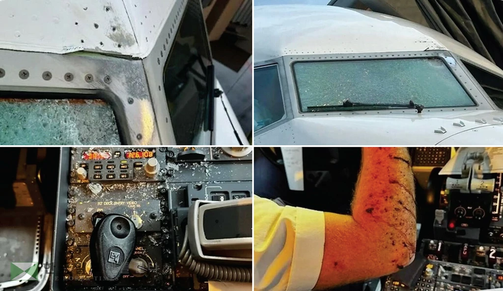 운항 중 조종석 유리창 파손 사고가 발생한 유나이티드 항공기 모습. 조종석으로 유
리 파편들이 쏟아져 조종사가 팔에 부상을 입었다. <X 캡 처>