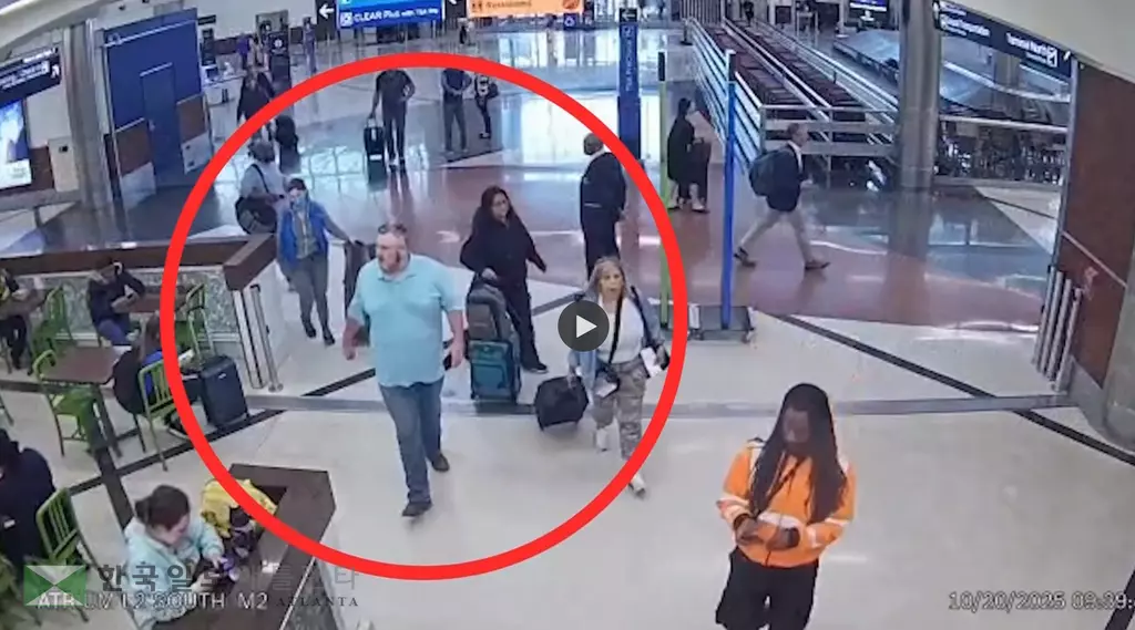 공항 내부 감시카메라에 찍힌 케이글 모습(원안 하늘생 티셔츠 입은 이). 범행 전 터미널 내부를 살피고 있는 것으로 추정됐다.<사진=애틀랜타 경찰 제공>