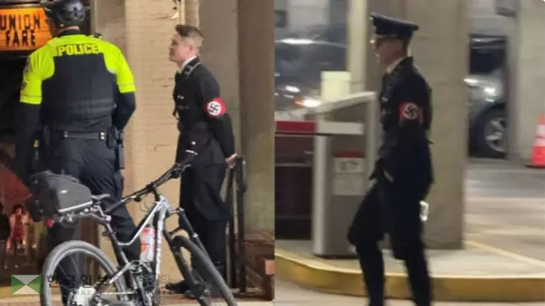 모건과 피해자인 랭이 식당 앞에서 실랑이 하는 모습(사진 위)과 출동한 경찰이 모건을 제지하는 모습<사진=쇼셜미디어 캡쳐>