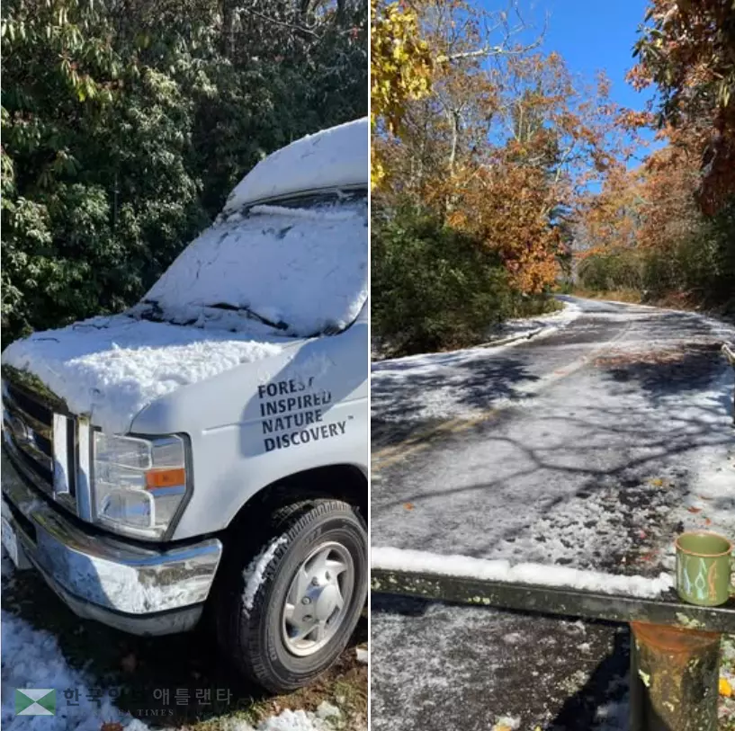 조지아 최고봉 브래스타운 볼드에 올겨울 첫눈이 내렸다, 눈으로 덮힌 셔블버스와 산정상 도로 모습.<사진=브래스타운 볼도 페이스북>