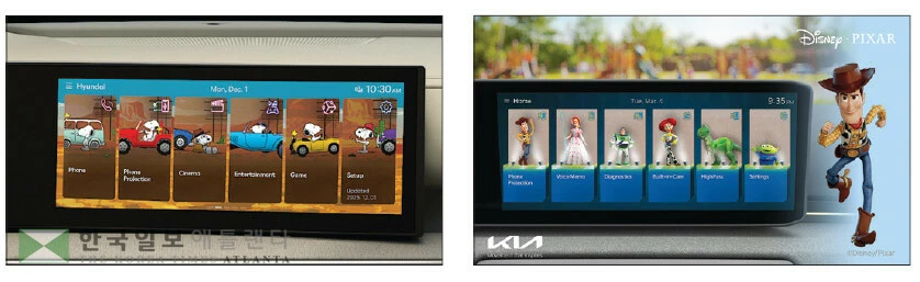  현대차(왼쪽)와 기아가 각각 인기 캐릭터에 기반을 둔 테마 디스플레이 기능을 도입했다. [현대차그룹 제공]