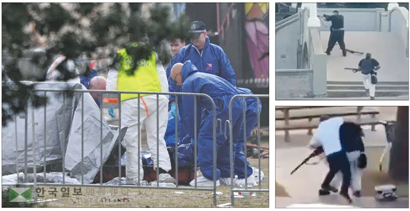 14일 호주 시드니 본다이 비치에서 경찰과 시민들이 총기 난사 사건의 희생자들을 수습하고 있다. (왼쪽부터 시계방향으로) 검은옷을 입은 부자 총격범이 여러 발의 총을 발사하는 장면과 한 시민이 총격범을 제압하는 모습. <로이터>