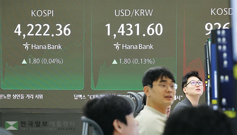  지난 30일 서울 중구 하나은행 본점 딜링룸 현황판에 환율과 코스피 지수가 표시돼 있다. 원·달러 환율은 1,439.50원으로 마감했다. [연합]