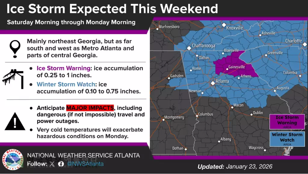 국립기상청은 23일 애틀랜타를 포함한 조지아 북동부 지역에 24일 오후1시부터 26일 오전10시까지 얼음 폭풍 경보를 발령했다,<사진=국립기상청 웹사이트>