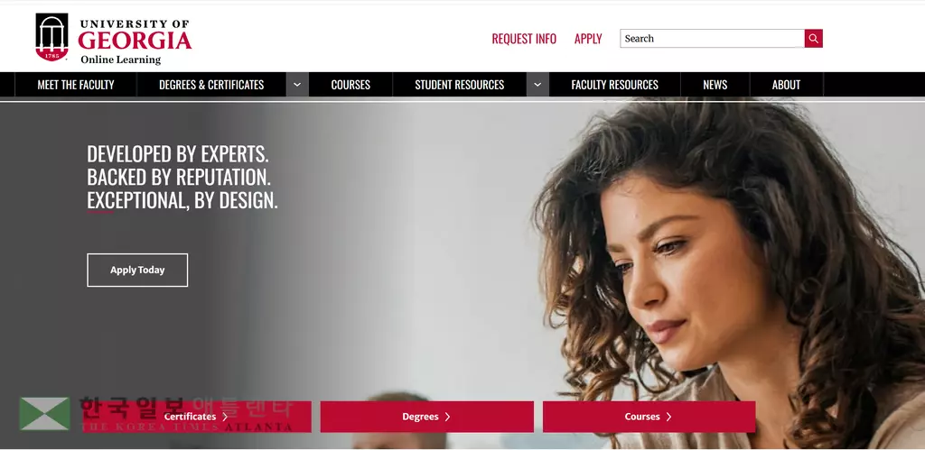 UGA 온라인 석사 학위 과정 중 미디어 디자인과 특수교육은 전국 3위, MBA 과정은 전국 23위로 평가됐다. UGA 온라인 학위 과정 메인 웹사이트.