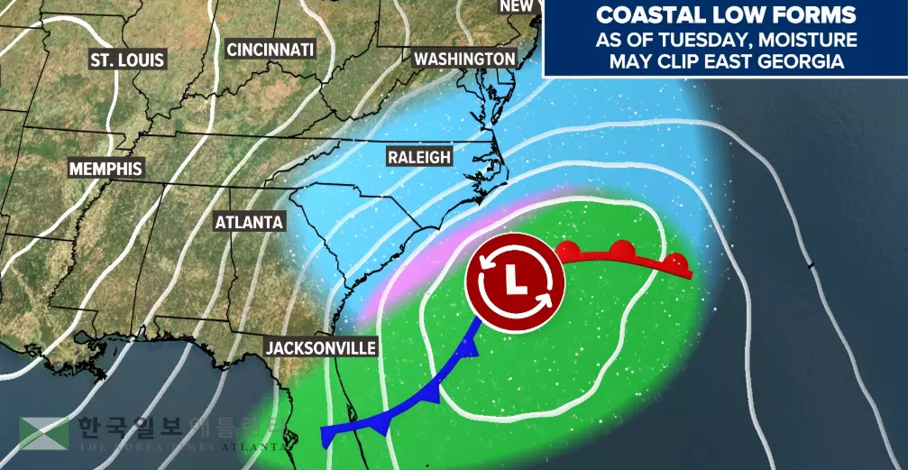저기압이 플로리다를 거쳐 동부 해안을 따라 북상하면서 한랭전선과 만나 주말 눈 소식이 예보됐다. <사진=11 얼라이브 뉴스>