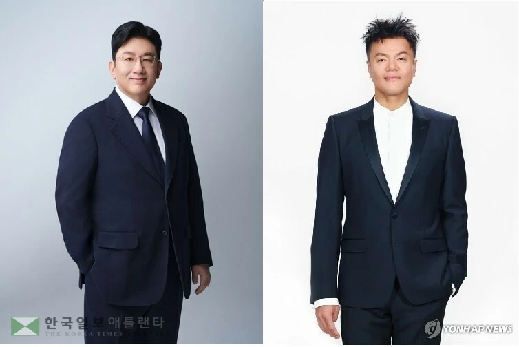 방시혁 하이브 의장(좌)과 박진영 JYP엔터테인먼트 설립자(우)[하이브·JYP엔터테인먼트 제공. 재판매 및 DB 금지]