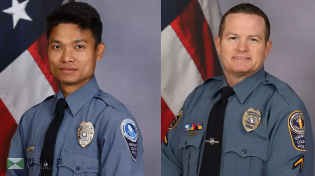 용의자 검거 과정에서 총격을 입고 사망한 프라답 타망(왼쪽) 경관과 중상을 입고 치료 중인 데이비드 리드 경관.<사진=귀넷 경찰 제공>