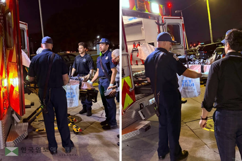 지난 4일 애틀랜타 국제공항에 입국한 몸이 불편한 한인 어르신을 경찰영사와 미션아가페가 합동으로 도와 거처를 마련하고 병원으로 이송시키는 선행의 미담이 전해졌다. 사진은 구급차로 노인을 이송하는 장면. 