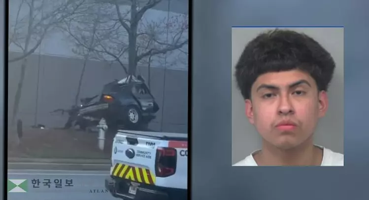 불법 레이싱 도중 도로 옆 나무와 충돌한 사고차량과 도주 후 체포된 알란 바스케스 카탈란(18). <사진=귀넷경찰 제공>