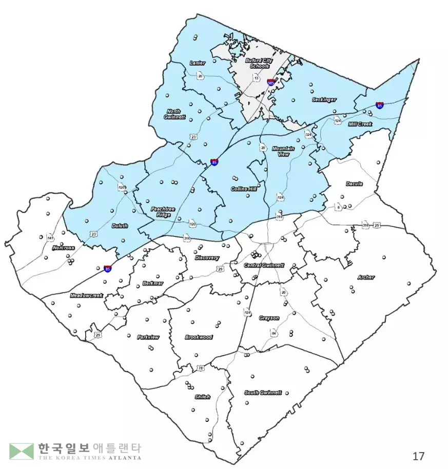지난주 귀넷 교육위원회에 보고된 귀넷 북부지역 8개 학군 현황지도. 올 여름 구체적인 학군 제조정안이 확정된다.<사진=귀넷 교육청>