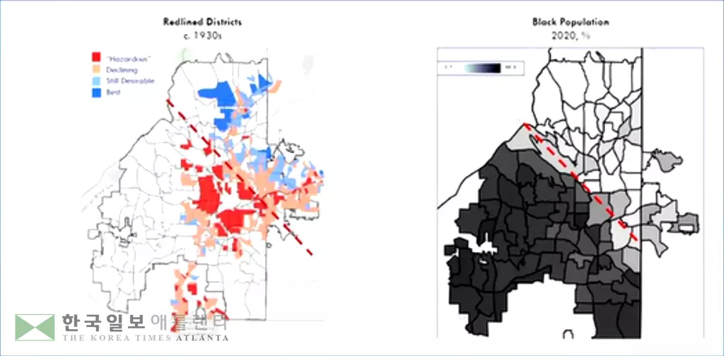 최근 애틀랜타시와 비영리단체들이 공개한 애틀래타시 남북간 지역 격차를 나타낸 지도. 1930년대 레드라이닝에 따라 격차가 심한 상태다.<WSB-TV>