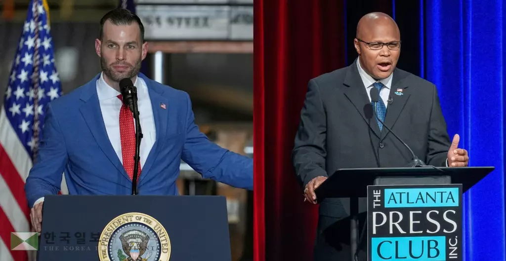 지난달 애틀랜타에서 열린미디어 초청 후보 토론회에서 연설하는 클레이 풀러(왼쪽)와 숀 해리스.<WABE>