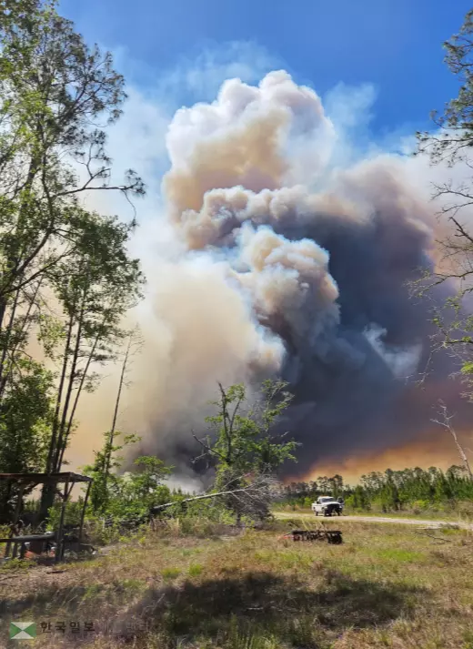 클린치 카운티 파인랜드 로드 인근 산불 현장, 강한 바람으로 산불이 급격하게 확산되면서 22일 오후 기준 3만여 에이커가 피해를 입었다.<조지아 산림청>