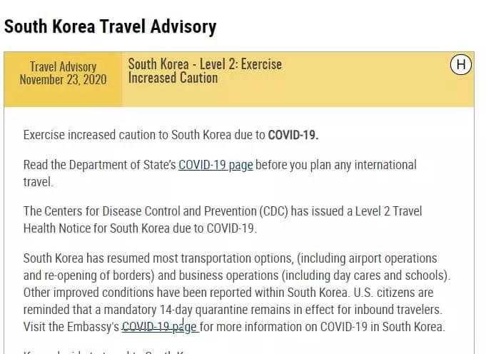 미, 한국 여행경보 2단계 '강화된 주의'로 한단계 내려