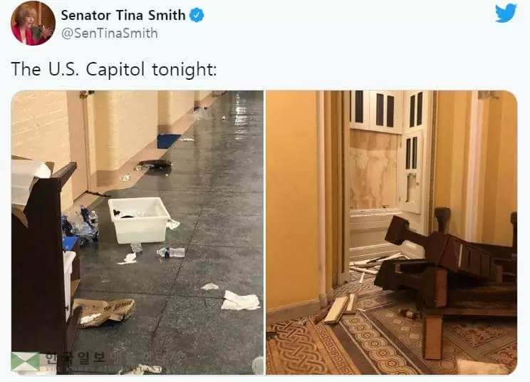 피묻은 대통령 흉상에 유리파편·쓰레기…약탈로 얼룩진 의회