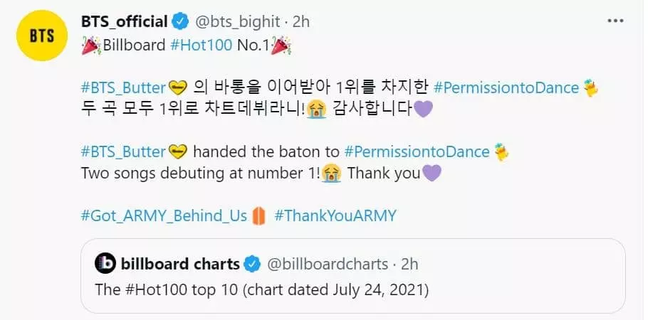 BTS '퍼미션 투 댄스' 빌보드 1위…'버터'와 바통터치 대기록