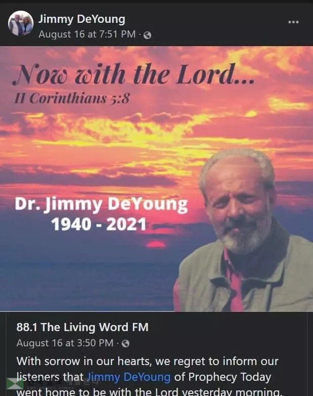 백신 음모론 주장한 방송인, 코로나19로 사망백신 음모론을 주장하던 테네시주의 기독교 방송인 지미 드 영이 지난 18일 코로나19로 사망했다. 지미 드영의 사망을 알리는 방송사의 공지. [지미 드영 페이스북 캡처]