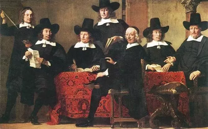  ‘와인 상인 길드 대표자들’(1663). 페르디난드 볼 작품으로 알테 피나코테크가 소장하고 있다.      