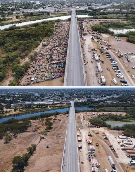  텍사스주 국경 도시 델리오의 교량 아래 형성됐던 아이티 난민촌의 24일 전과 후 모습. 난민들이 가득 몰려 있던 다리 아래가 아래 사진에서 텅 비어 있다. [로이터]
