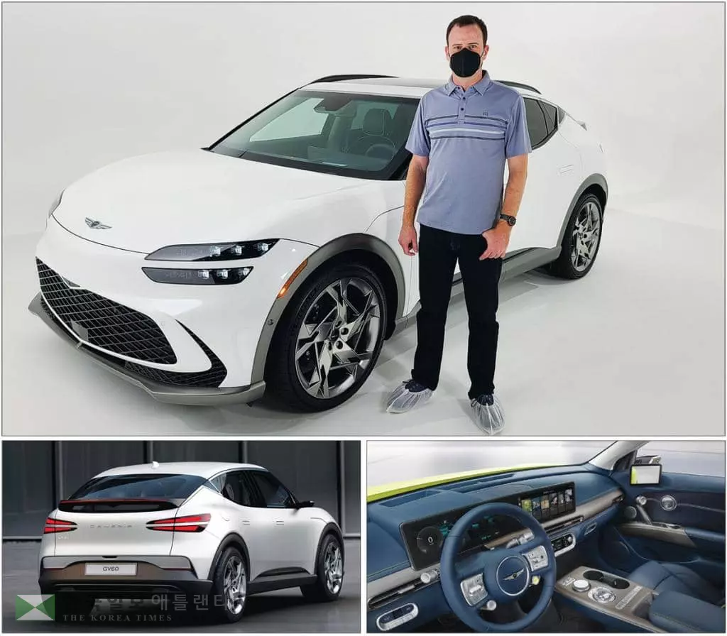 제네시스 북미판매법인(GMNA)의 안드레 라비노위치 제품기획 시니어 매니저가 GV60 차량을 소개하고 있다. 작은 사진은 후면과 내부 모습