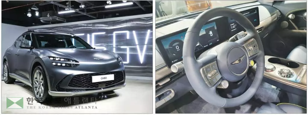 &nbsp; 서울 강남구 압구정동 카페캠프통에 마련된 제네시스 GV60 특별전시장에서 제네시스 첫 전용 전기차 GV60을 공개하고 있다. [연합]