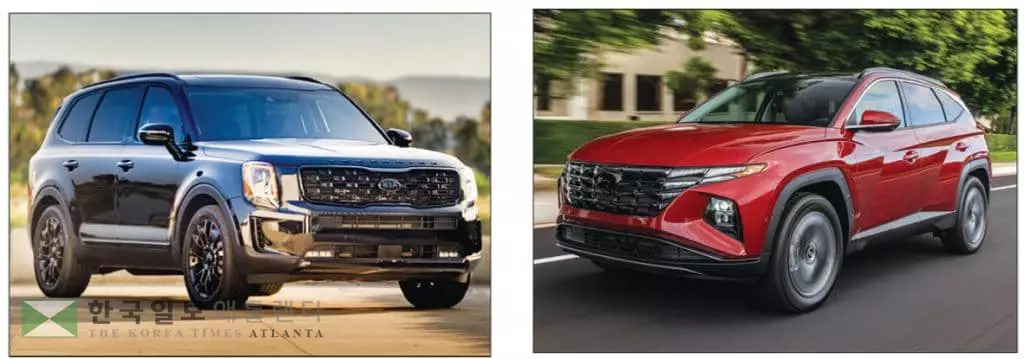 &nbsp; 지난 10월 기아 텔루라이드(왼쪽)와 현대 투싼이 가장 많이 팔리며 양사의 판매 신장을 이끌었다. [현대차그룹 제공]