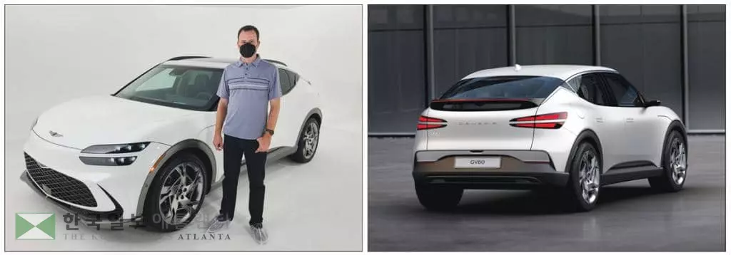 제네시스 북미판매법인(GMNA)의 안드레 라비노위치 제품기획 시니어 매니저가 첫 전용 전기차 모델인 GV60 차량을 소개하고 있다. <제네시스>