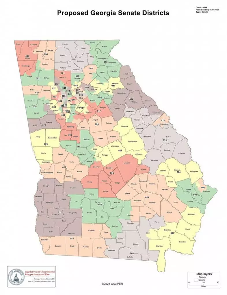조지아 특별의회가 15일 주 상하원 선거구 조정안 의결해 주지사 서명만을 남겨놓게 됐다. 사진은 주상원의원 선거구 지도.